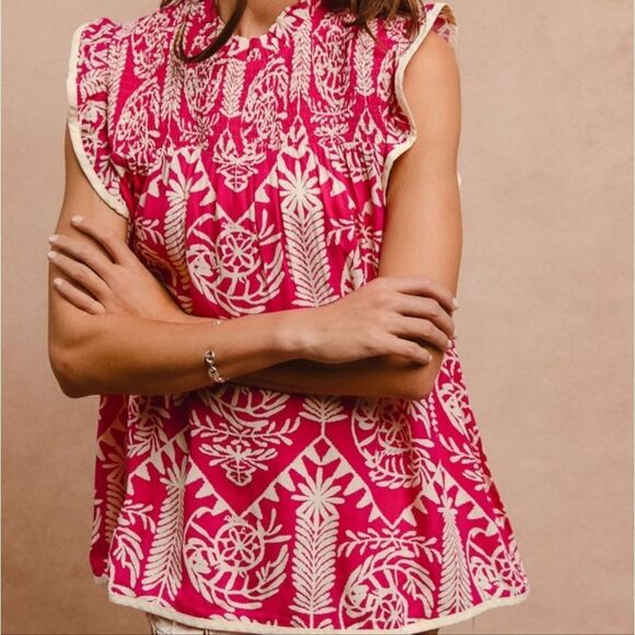 **BiBi Printed Ruffle Sleeve Top Pink and White Batik Print Women's Top - Picture 8 of 15